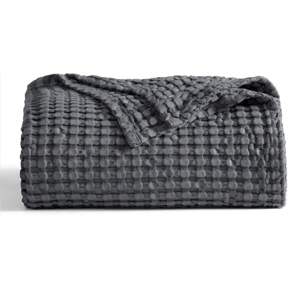 Cotton Waffle Weave Bamboo Blanket King Size Gray Soft Lightweight Bed Blanket - Picture 3 of 5